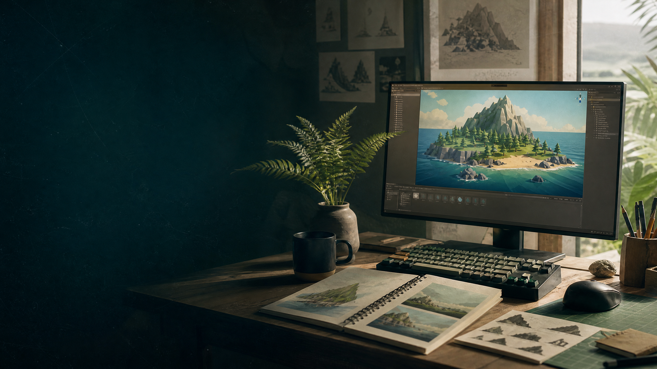Independent game studio desk with an island game scene on screen